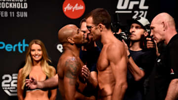 PERTH, AUSTRALIA - FEBRUARY 10: (L-R) Opponents Yoel Romero of Cuba and Luke Rockhold face off during the UFC 221 weigh-in at Perth Arena on February 10, 2018 in Perth, Australia. (Photo by Jeff Bottari/Zuffa LLC/Zuffa LLC via Getty Images)