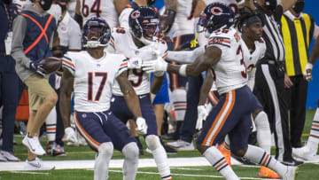 DETROIT, MI - SEPTEMBER 13: Anthony Miller #17 of the Chicago Bears, Eddie Jackson #39 of the Chicago Bears and Tashaun Gipson #38 of the Chicago Bears celebrate during the game against the Detroit Lions at Ford Field on September 13, 2020 in Detroit, Michigan. (Photo by Nic Antaya/Getty Images)
