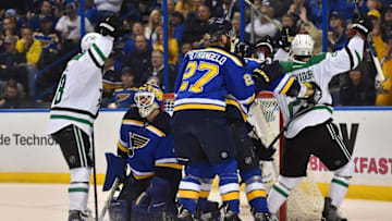 May 9, 2016; St. Louis, MO, USA; St. Louis Blues goalie Brian Elliott (1) reacts after allowing a goal scored by Dallas Stars center Jason Spezza (not pictured) during there first period in game six of the second round of the 2016 Stanley Cup Playoffs at Scottrade Center. Mandatory Credit: Jasen Vinlove-USA TODAY Sports