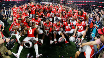 ARLINGTON, TX - DECEMBER 29: The Ohio State Buckeyes celebrate with a team photo following the 82nd Goodyear Cotton Bowl Classic between USC and Ohio State at AT&T Stadium on December 29, 2017 in Arlington, Texas. Ohio State won 24-7. (Photo by Ron Jenkins/Getty Images)