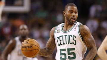 Apr 28, 2013; Boston, MA, USA; Boston Celtics shooting guard Terrence Williams (55) dribbles the ball against the New York Knicks during game four of the first round of the 2013 NBA playoffs at TD Garden. Mandatory Credit: Mark L. Baer-USA TODAY Sports