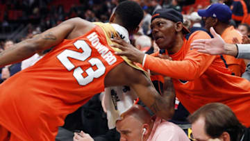 DETROIT, MI - MARCH 18: Frank Howard #23 of the Syracuse Orange reacts after defeating the Michigan State Spartans 55-53 in the second round of the 2018 NCAA Men's Basketball Tournament at Little Caesars Arena on March 18, 2018 in Detroit, Michigan. (Photo by Elsa/Getty Images)