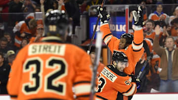 Apr 9, 2016; Philadelphia, PA, USA; Philadelphia Flyers right wing Wayne Simmonds (17) celebrates his goal with defenseman Shayne Gostisbehere (53) during the second period against the Pittsburgh Penguins at Wells Fargo Center. Mandatory Credit: Derik Hamilton-USA TODAY Sports