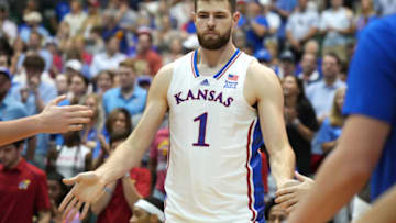 HONOLULU, HI - NOVEMBER 22: Hunter Dickinson #1 of the Kansas Jayhawks is introduced before a college basketball game against the Tennessee Volunteers during a consolation game of the Allstate Maui Invitational at the SimpliFi Arena at Stan Sheriff Center on November 22, 2023 in Honolulu, Hawaii. (Photo by Mitchell Layton/Getty Images)