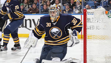 BUFFALO, NY - FEBRUARY 05: Ryan Miler #30 of the Buffalo Sabres defends the net against the Pittsburgh Penguins at First Niagara Center on February 5, 2014 in Buffalo, New York. (Photo by Sean Rudyk/Getty Images)