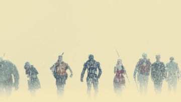 (L-r) KING SHARK, DANIELA MELCHIOR as Ratcatcher 2, JOEL KINNAMAN as Colonel Rich Flag, IDRIS ELBA as Bloodsport, MARGOT ROBBIE as Harley Quinn, JOHN CENA as Peacemaker, PETER CAPALDI as Thinker, DAVID DASTMALCHIAN as Polka-Dot Man and JULIO CESAR RUIZ as Milton in Warner Bros. Pictures’ superhero action adventure “THE SUICIDE SQUAD,” a Warner Bros. Pictures release. Photo courtesy of Warner Bros. Pictures/™ & © DC Comics
