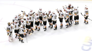 The Vegas Golden Knights celebrate their 4-1 win over the Arizona Coyotes in an exhibition game prior to the 2020 NHL Stanley Cup Playoffs. (Photo by Jeff Vinnick/Getty Images)