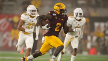 TEMPE, ARIZONA - AUGUST 29: Wide receiver Brandon Aiyuk #2 of the Arizona State Sun Devils runs with the football en route to scoring on a 77 yard touchdown reception against the Kent State Golden Flashes during the second half of the NCAAF game at Sun Devil Stadium on August 29, 2019 in Tempe, Arizona. (Photo by Christian Petersen/Getty Images)