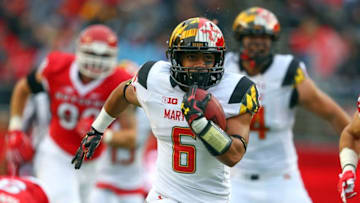 Nov 28, 2015; Piscataway, NJ, USA; Maryland Terrapins running back Ty Johnson (6) runs for a touchdown during the second half at High Points Solutions Stadium. Maryland defeated Rutgers 46-41. Mandatory Credit: Ed Mulholland-USA TODAY Sports