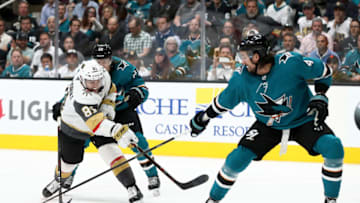 SAN JOSE, CALIFORNIA - APRIL 18: Jonathan Marchessault #81 of the Vegas Golden Knights scores a goal past Brenden Dillon #4 of the San Jose Sharks in the third period in Game Five of the Western Conference First Round during the 2019 NHL Stanley Cup Playoffs at SAP Center on April 18, 2019 in San Jose, California. (Photo by Ezra Shaw/Getty Images)