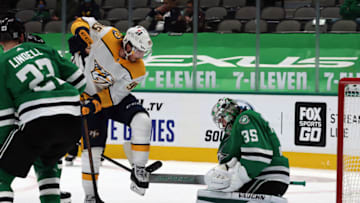 Anton Khudobin #35 of the Dallas Stars makes a save in front of Matt Duchene #95 of the Nashville Predators in the first period at American Airlines Center on January 22, 2021 in Dallas, Texas. (Photo by Ronald Martinez/Getty Images)