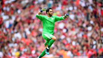 LONDON, ENGLAND - AUGUST 04: Claudio Bravo of Manchester City celebrates his team's first goal during the FA Community Shield match at Wembley Stadium on August 04, 2019 in London, England. (Photo by Clive Mason/Getty Images)