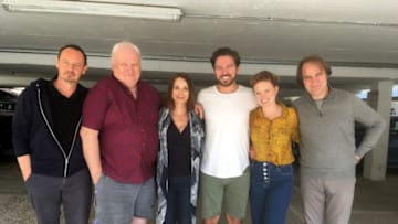 The cast and crew of the brand new Christmas anthology Blood on Santa's Claw. (L to R) Steven Elder, Colin Baker, Nicola Bryant, Luke Allen-Gale, Louise Kempton and Nev Fountain.(Photo credit: Doctor Who/Big Finish Productions. Image Courtesy Big Finish Productions.)