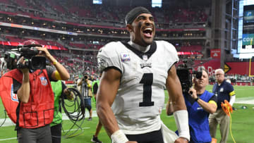 Jalen Hurts #1 of the Philadelphia Eagles. (Photo by Norm Hall/Getty Images)