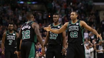 BOSTON, MA - FEBRUARY 04: Al Horford #42 of the Boston Celtics celebrates with Terry Rozier #12 of the Boston Celtics during the fourth quarter of the game against the Portland Trail Blazers at TD Garden on February 4, 2018 in Boston, Massachusetts. NOTE TO USER: User expressly acknowledges and agrees that, by downloading and or using this photograph, User is consenting to the terms and conditions of the Getty Images License Agreement. (Photo by Omar Rawlings/Getty Images)