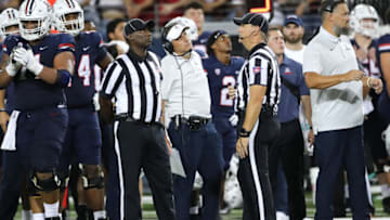 TUCSON, ARIZONA - SEPTEMBER 10: Head coach Jedd Fisch of the Arizona Wildcats looks up at the scoreboard during the first half of the NCAA football game against the Mississippi State Bulldogs at Arizona Stadium on September 10, 2022 in Tucson, Arizona. (Photo by Rebecca Noble/Getty Images)