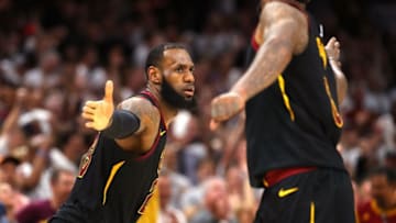 CLEVELAND, OH - MAY 25: LeBron James of the Cleveland Cavaliers reacts after a basket in the fourth quarter against the Boston Celtics during Game Six of the 2018 NBA Eastern Conference Finals at Quicken Loans Arena on May 25, 2018 in Cleveland, Ohio. NOTE TO USER: User expressly acknowledges and agrees that, by downloading and or using this photograph, User is consenting to the terms and conditions of the Getty Images License Agreement. (Photo by Gregory Shamus/Getty Images)