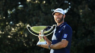 ATLANTA, GEORGIA - SEPTEMBER 07: Dustin Johnson of the United States celebrates with the FedEx Cup Trophy after winning in the final round of the TOUR Championship at East Lake Golf Club on September 07, 2020 in Atlanta, Georgia. (Photo by Sam Greenwood/Getty Images)