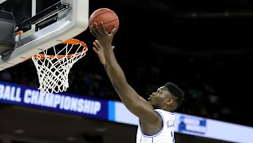 COLUMBIA, SOUTH CAROLINA - MARCH 22: Zion Williamson #1 of the Duke Blue Devils attempts a shot against the North Dakota State Bison in the first half during the first round of the 2019 NCAA Men's Basketball Tournament at Colonial Life Arena on March 22, 2019 in Columbia, South Carolina. (Photo by Streeter Lecka/Getty Images)