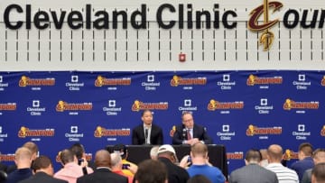 Sep 26, 2016; Cleveland, OH, USA; Cleveland Cavaliers head coach Tyronn Lue and general manager David Griffin talk to the media during media day at Cleveland Clinic Courts. Mandatory Credit: Ken Blaze-USA TODAY Sports