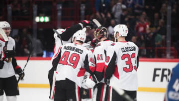 STOCKHOLM, SWEDEN - NOVEMBER 10: Players of Ottawa Senators celebrates after the victory during the 2017 SAP NHL Global Series match between Ottawa Senators and Colorado Avalanche at Ericsson Globe on November 10, 2017 in Stockholm, . (Photo by Nils Petter Nilsson/Ombrello/Getty Images)