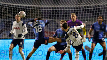 Tottenham Hotspur's English midfielder Harry Winks (2nd R) shoots to score their second goal during the English FA Cup fourth round football match between Wycombe Wanderers and Tottenham Hotspur at Adams Park Stadium in High Wycombe, west of London on January 25, 2021 (Photo by ADRIAN DENNIS/AFP via Getty Images)