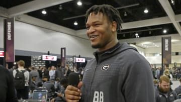 Jan 7, 2023; Los Angeles, California, USA; Georgia Bulldogs defensive lineman Jalen Carter (88) talks with media on media day before the 2023 CFP National Championship game at Los Angeles Convention Center. Mandatory Credit: Jayne Kamin-Oncea-USA TODAY Sports
