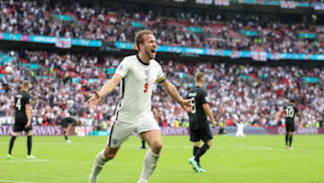 LONDON, ENGLAND - JUNE 29: Harry Kane of England celebrates after scoring their side's second goal during the UEFA Euro 2020 Championship Round of 16 match between England and Germany at Wembley Stadium on June 29, 2021 in London, England. (Photo by Catherine Ivill/Getty Images)