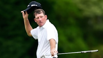 GREENSBORO, NORTH CAROLINA - AUGUST 15: Jim Herman of the United States reacts on the 18th green during the third round of the Wyndham Championship at Sedgefield Country Club on August 15, 2020 in Greensboro, North Carolina. (Photo by Jared C. Tilton/Getty Images)