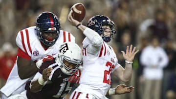 Nov 12, 2016; College Station, TX, USA; Texas A&M Aggies defensive lineman Myles Garrett (15) attempts to sack Mississippi Rebels quarterback Shea Patterson (20) during the second quarter at Kyle Field. Mandatory Credit: Troy Taormina-USA TODAY Sports