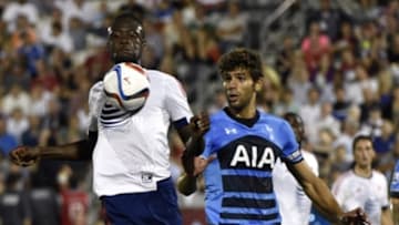 Jul 29, 2015; Denver, CO, USA; MLS All Star forward Kei Kamara (23) of Columbus Crew FC controls the ball against Tottenham Hotspur defender Federico Fazio (21) during the second half of the 2015 MLS All Star Game at Dick's Sporting Goods Park. MLS All Stars won 2-1. Mandatory Credit: Kyle Terada-USA TODAY Sports