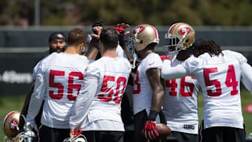 Jun 8, 2016; Santa Clara, CA, USA; San Francisco 49ers linebackers huddle during minicamp at the San Francisco 49ers Practice Facility. Mandatory Credit: Kelley L Cox-USA TODAY Sports