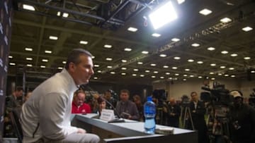 January 10, 2015; Arlington, TX, USA; Ohio State Buckeyes head coach Urban Meyer addresses the media during Media Day for the College Football Playoff National Championship at Dallas Convention Center. Mandatory Credit: Kyle Terada-USA TODAY Sports