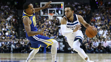 SHANGHAI, CHINA - OCTOBER 08: Tyus Jones #1 of the Minnesota Timberwolves in action against Shaun Livingston #34 of the Golden State Warriors during the game between the Minnesota Timberwolves and the Golden State Warriors as part of 2017 NBA Global Games China at Mercedes-Benz Arena on October 8, 2017 in Shanghai, China. (Photo by Zhong Zhi/Getty Images)