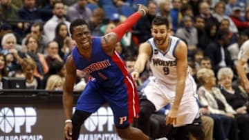 Nov 20, 2015; Minneapolis, MN, USA; Detroit Pistons guard Reggie Jackson (1) reacts after driving into Minnesota Timberwolves guard Ricky Rubio (9) in the fourth quarter at Target Center. The Pistons win 96-86. Mandatory Credit: Bruce Kluckhohn-USA TODAY Sports