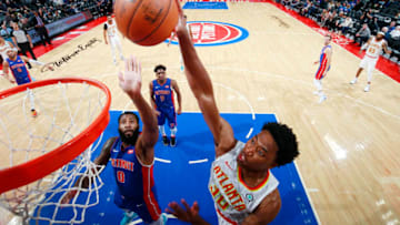 DETROIT, MI - NOVEMBER 22: Damian Jones #30 of the Atlanta Hawks goes up for a dunk during the game against the Detroit Pistons on November 22, 2019 at Little Caesars Arena in Detroit, Michigan. NOTE TO USER: User expressly acknowledges and agrees that, by downloading and/or using this photograph, User is consenting to the terms and conditions of the Getty Images License Agreement. Mandatory Copyright Notice: Copyright 2019 NBAE (Photo by Brian Sevald/NBAE via Getty Images)
