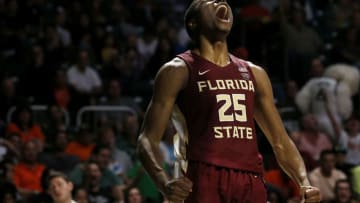 MIAMI, FLORIDA - JANUARY 27: Mfiondu Kabengele #25 of the Florida State Seminoles reacts against the Miami Hurricanes during the first half at Watsco Center on January 27, 2019 in Miami, Florida. (Photo by Michael Reaves/Getty Images)