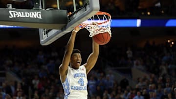 Mar 27, 2016; Philadelphia, PA, USA; North Carolina Tar Heels forward Isaiah Hicks (4) dunks against the Notre Dame Fighting Irish during the second half in the championship game in the East regional of the NCAA Tournament at Wells Fargo Center. Mandatory Credit: Bill Streicher-USA TODAY Sports