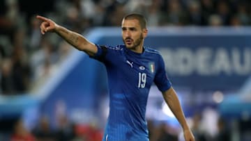 BORDEAUX, FRANCE - JULY 2: Leonardo Bonucci of Italy gestures during the UEFA Euro 2016 quarter final match between Germany and Italy at Stade Matmut Atlantique on July 2, 2016 in Bordeaux, France. (Photo by Jean Catuffe/Getty Images)