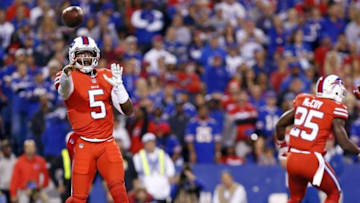 Sep 15, 2016; Orchard Park, NY, USA; Buffalo Bills quarterback Tyrod Taylor (5) throws a pass during the first quarter against the New York Jets at New Era Field. Mandatory Credit: Kevin Hoffman-USA TODAY Sports