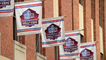 Aug 8, 2015; Canton, OH, USA; General view of banners on the AEP Ohio building during the TimkenSteel Grand Parade on Cleveland Ave. in advance of the 2015 Pro Football Hall of Fame enshrinement. Mandatory Credit: Kirby Lee-USA TODAY Sports