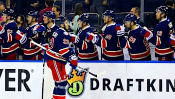 Oct 19, 2016; New York, NY, USA; New York Rangers center Mika Zibanejad (93) is congratulated after scoring a goal against the Detroit Red Wings during the first period at Madison Square Garden. Mandatory Credit: Andy Marlin-USA TODAY Sports