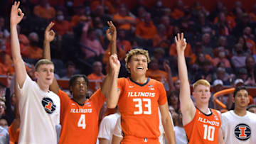Nov 9, 2021; Champaign, Illinois, USA; Illinois Fighting Illini forward Coleman Hawkins (33) and teammates celebrate the efforts of their teammates against Jackson State at State Farm Center. Mandatory Credit: Ron Johnson-USA TODAY Sports
