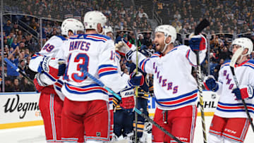BUFFALO, NY - FEBRUARY 15: Pavel Buchnevich #89 of the New York Rangers celebrates his goal with teammates during an NHL game against the Buffalo Sabres on February 15, 2019 at KeyBank Center in Buffalo, New York. New York won, 6-2. (Photo by Joe Hrycych/NHLI via Getty Images)