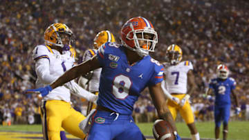 BATON ROUGE, LOUISIANA - OCTOBER 12: Trevon Grimes #8 of the Florida Gators celebrates his touchdown against the LSU Tigers at Tiger Stadium on October 12, 2019 in Baton Rouge, Louisiana. (Photo by Marianna Massey/Getty Images)