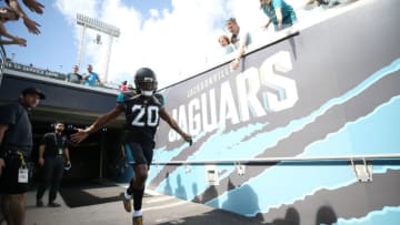 JACKSONVILLE, FL - NOVEMBER 12: Jalen Ramsey #20 of the Jacksonville Jaguars runs to the field prior to the start of their game against the Los Angeles Chargers at EverBank Field on November 12, 2017 in Jacksonville, Florida. (Photo by Logan Bowles/Getty Images)