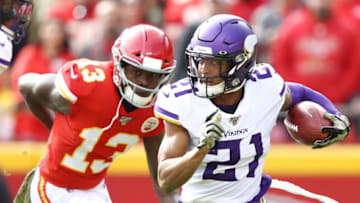 KANSAS CITY, MISSOURI - NOVEMBER 03: Mike Hughes #21 of the Minnesota Vikings runs with the ball during the first half against the Kansas City Chiefs at Arrowhead Stadium on November 03, 2019 in Kansas City, Missouri. (Photo by Jamie Squire/Getty Images)