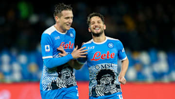 NAPLES, ITALY - 2021/11/28: SSC Napoli's Belgium striker Dries Mertens celebrates with teammate Napoli's Polish midfielder Piotr Zielinski after scoring a goal during the Serie A football match between SSC Napoli and SS Lazio.Napoli won 4-0. (Photo by Antonio Balasco/KONTROLAB/LightRocket via Getty Images)