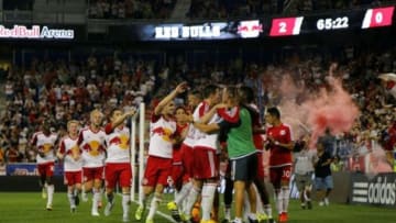 Aug 15, 2015; Harrison, NJ, USA; New York Red Bulls celebrate after New York Red Bulls defender Anthony Wallace (6) scored a goal during the second half against the Toronto FC at Red Bull Arena. The New York Red Bulls defeated the Toronto FC 3-0.Mandatory Credit: Noah K. Murray-USA TODAY Sports
