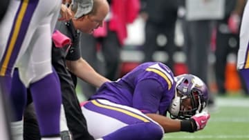 Oct 13, 2013; Minneapolis, MN, USA; Minnesota Vikings linebacker Desmond Bishop (59) is injured during the second quarter against the Carolina Panthers at Mall of America Field at H.H.H. Metrodome. Mandatory Credit: Brace Hemmelgarn-USA TODAY Sports